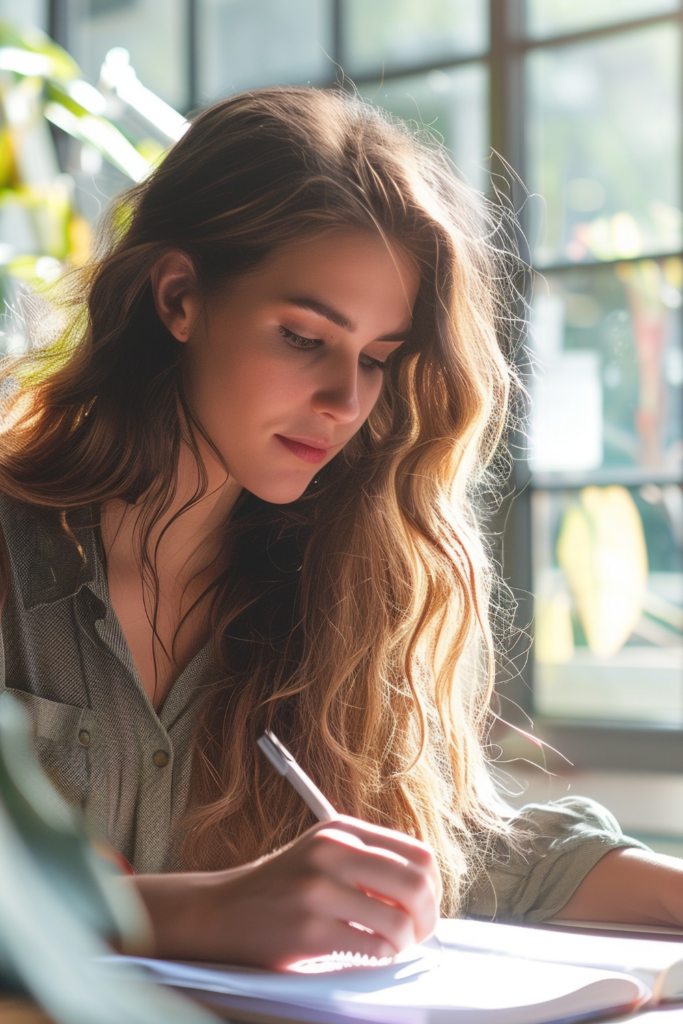 A woman sitting at a desk, smiling and writing in a notebook, with natural sunlight, green plants, and a cup of coffee, creating a positive environment.
